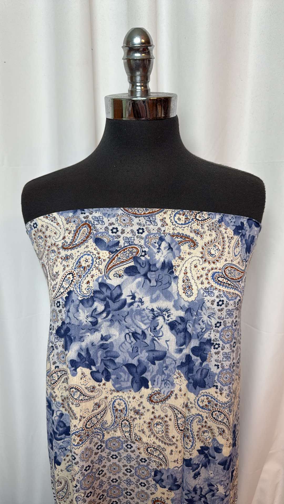 Ivory/Blue Floral/Paisley - Crinkle Rayon Woven - 2 Yard Cut