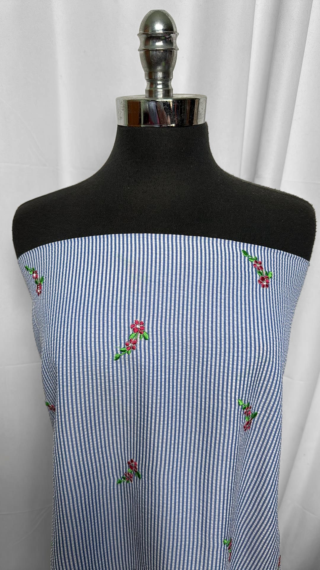 Blue Stripe w/Embroidered Flowers - Seersucker Poly Woven - 2 Yard Cut