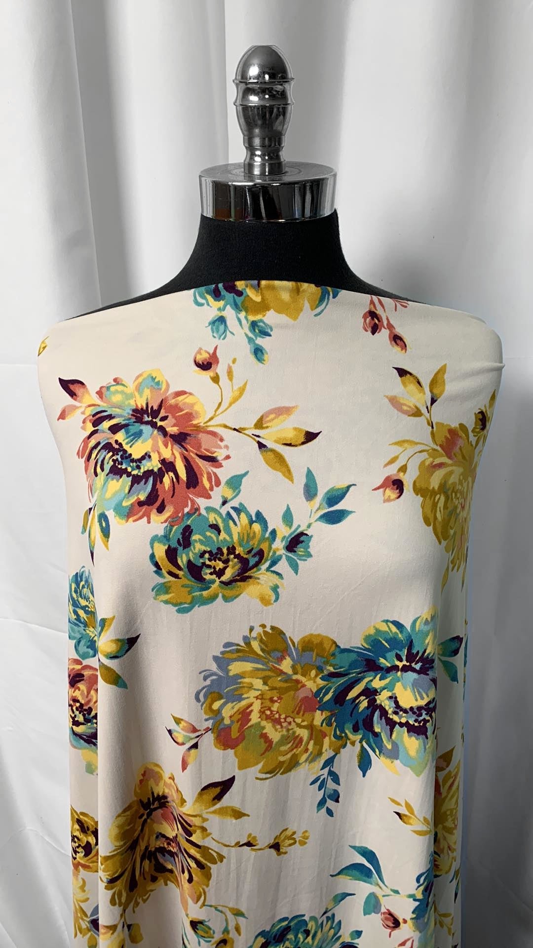 Ivory/Mustard Floral - Double Brushed Poly Spandex - 2 Yard Cut