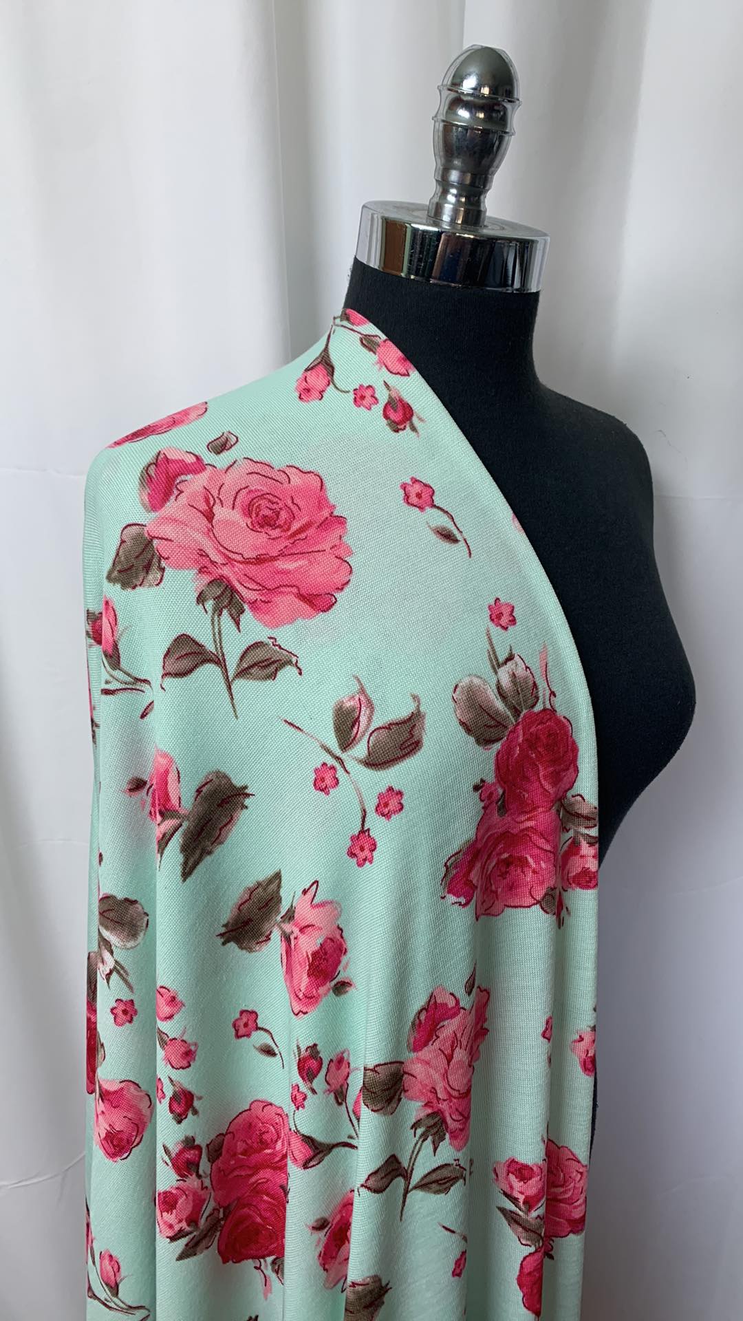 Mint/Pink Floral - Lightweight Sweater Knit - 2 Yard Cut