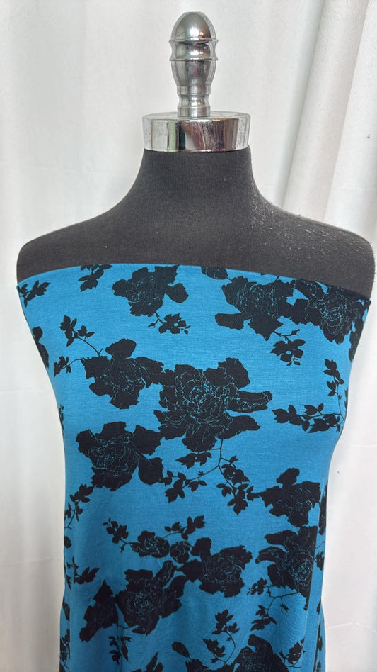 Blue Floral - Bamboo Spandex - 2 Yard Cut