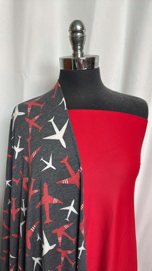 RED/AIRPLANES BUNDLE : 2YD Red Pique Top-Weight PF & 2YD Airplanes PRS FT : A29636