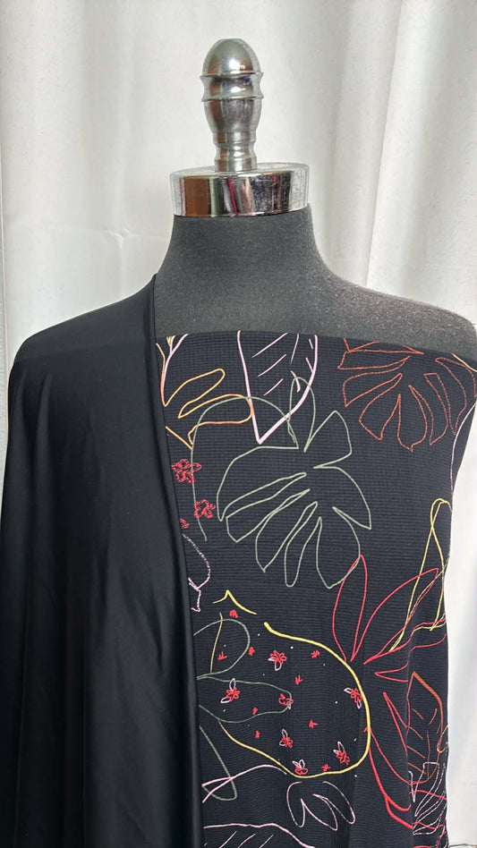 BLACK LEAVES BUNDLE : 34" Cut of Black Leaves Textured N/S Swim & 1.5YD Black N/S Swim : A29831