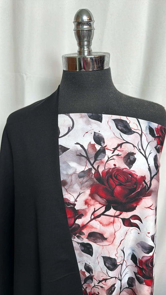 BLACK/ROSE-THORN BUNDLE : 32" Cut of Solid Black Peached PF & 1YD Rose & Thorn Single-Brushed PF : A29739