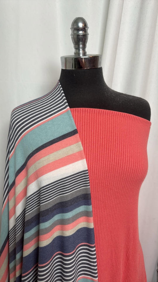 CORAL/VARIEGATED STRIPE BUNDLE : 2YD Coral Rib SK & 3YD Variegated Stripe PRS FT : A30918