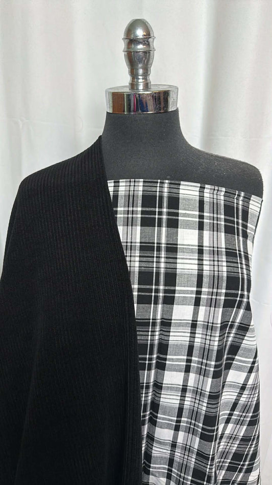 BLACK/WHITE PLAID BUNDLE : 2YD White/Black Plaid Shirting & 2YD Black SK w/Velvet Rib : A29416