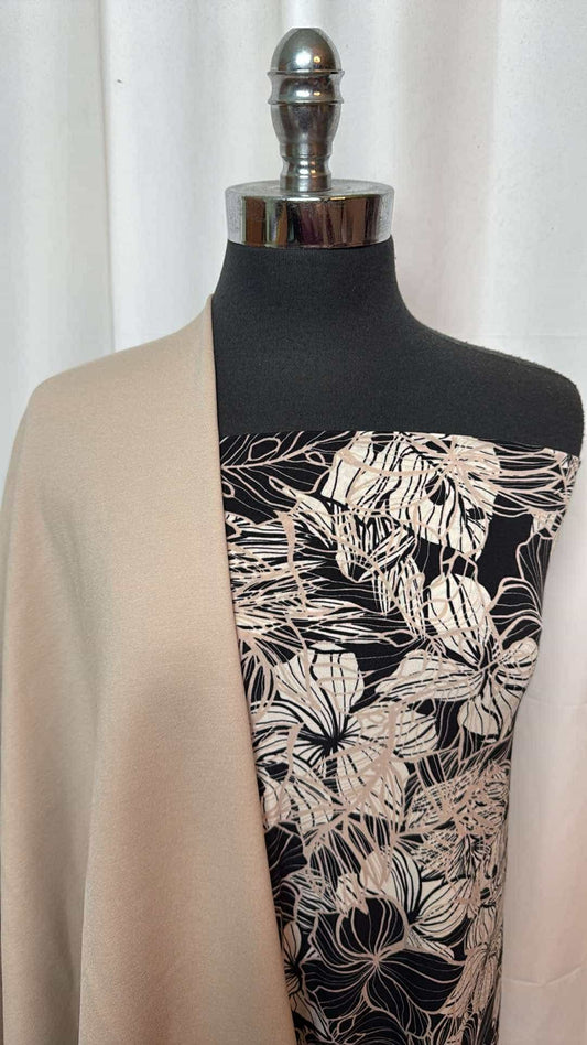 TAUPE/BLACK FLORAL BUNDLE : 1YD Black/Taupe Floral ITY & 2YD Taupe Nylon Ponte : A26934