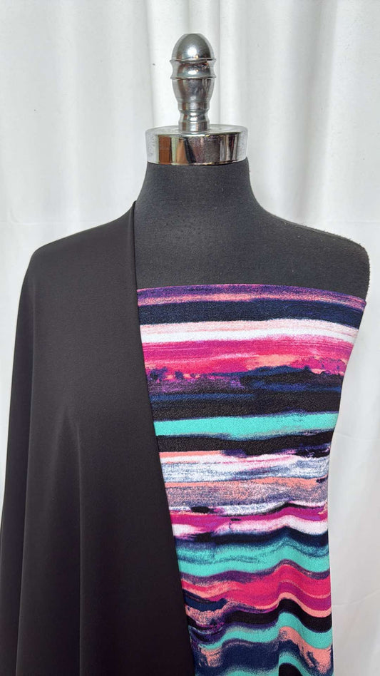 BLACK/ABSTRACT STRIPE BUNDLE : 2YD Black Yoga PF & 3+YD Abstract Stripe Poly Crepe Jersey : A26801
