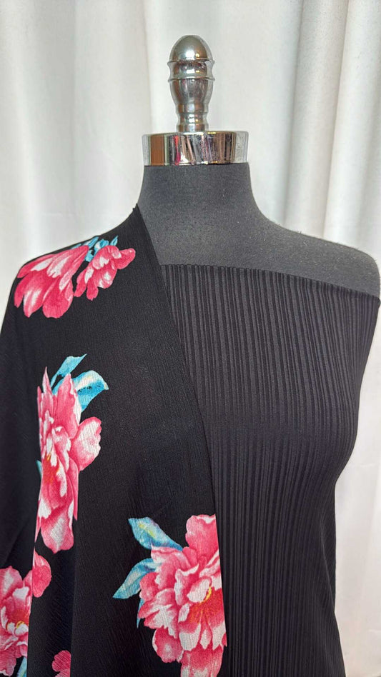 BLACK/FLORAL CRINKLE BUNDLE : 1YD Black P/S Rib & 2YD Floral Crinkle Poly Woven : A28836