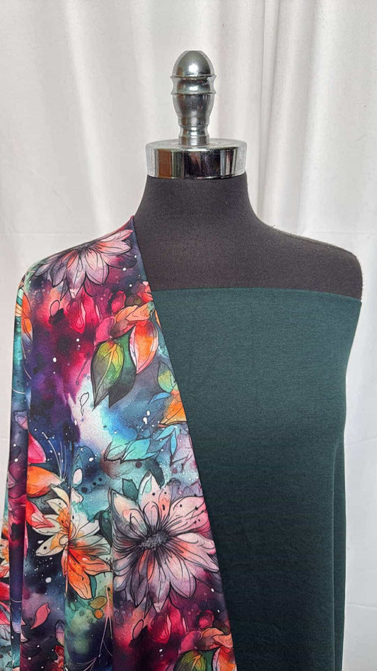 SPRUCE GREEN/WATERCOLOR FLORAL BUNDLE : 2YD Dark Spruce Green Peached PF & 2YD Watercolor Sport Fleece : A26522