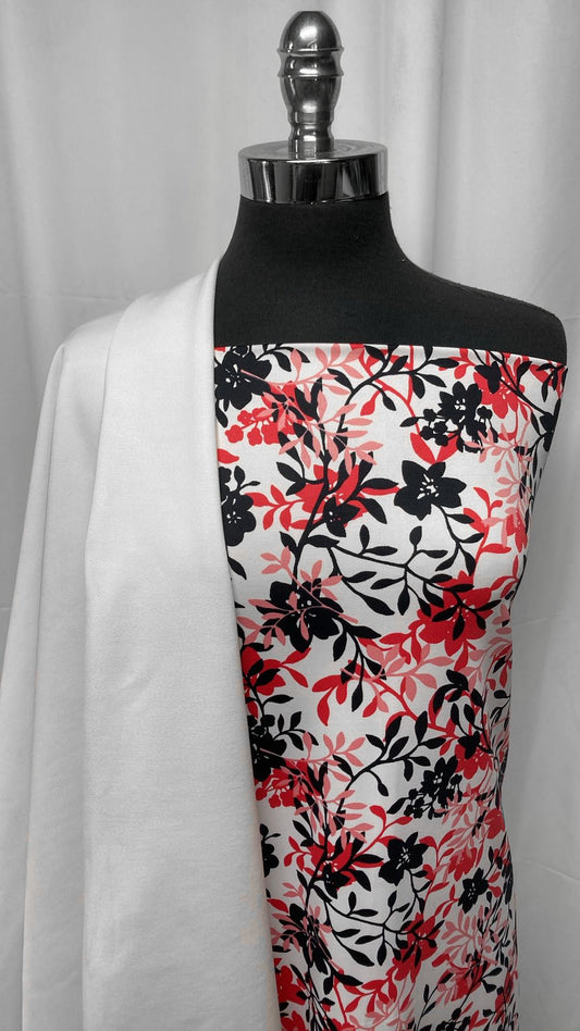 WHITE/BLACK/RED FLORAL BUNDLE : 2YD White Black/Red Floral N/S & 2YD White Japanese Ponte : A25240