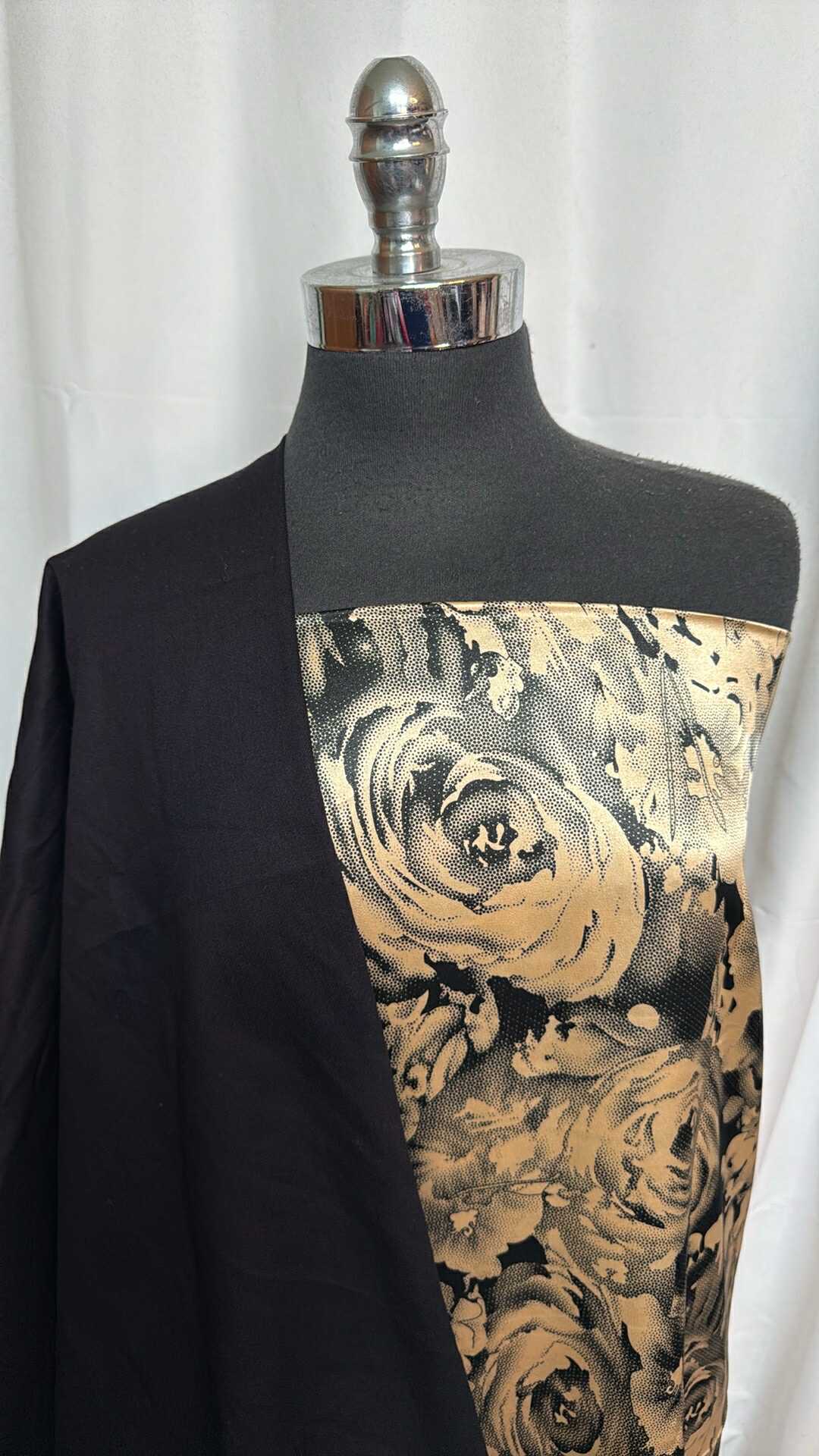 BLACK/GOLD FLORAL BUNDLE : 1+YD Black Stretch Twill & 2YD Gold Floral Poly Satin : A28542