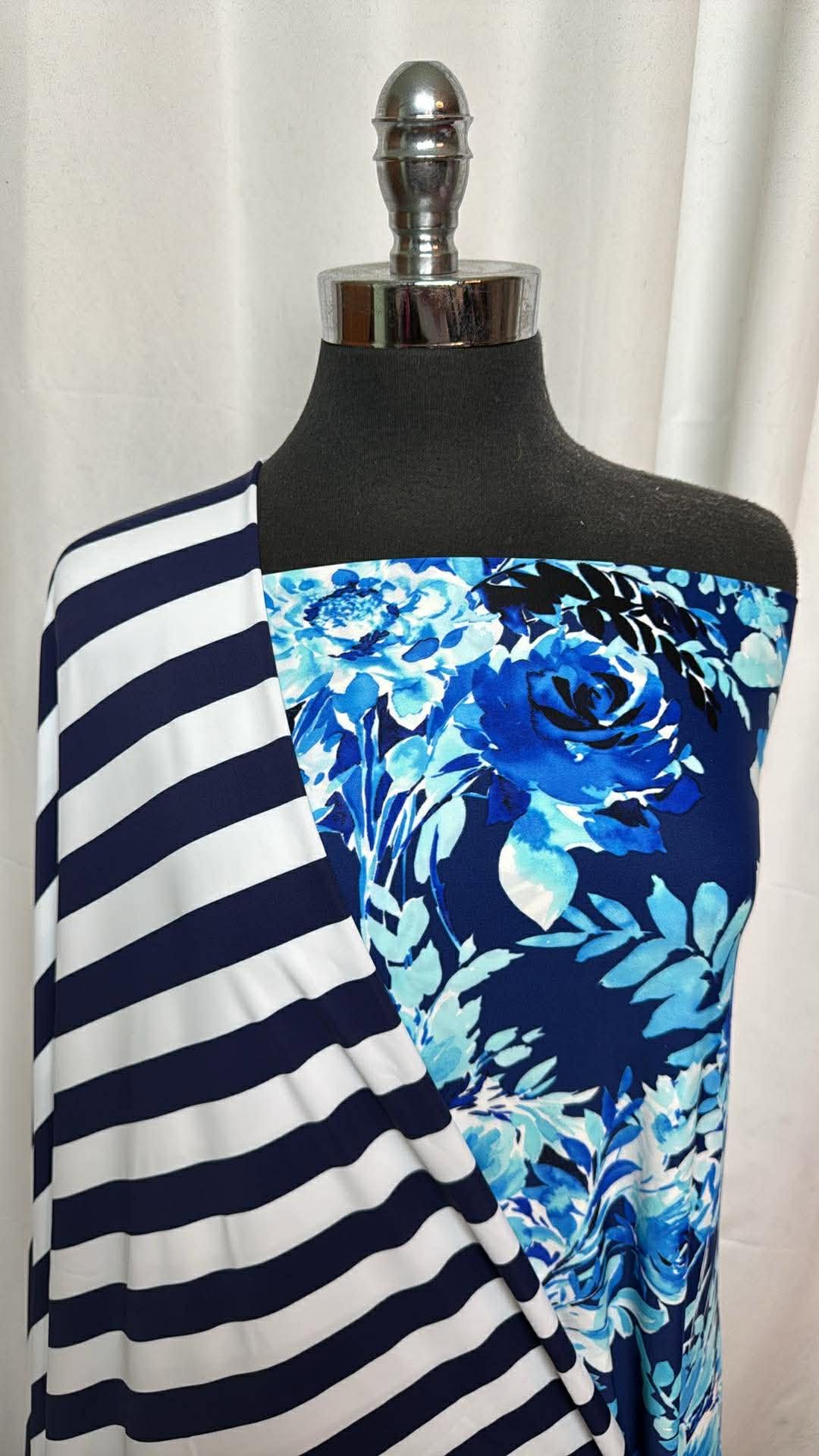 BLUE FLORAL/NAVY STRIPE BUNDLE : 2.5YD Blue Floral N/S Swim & 2YD Navy Stripe N/S Swim : A30090