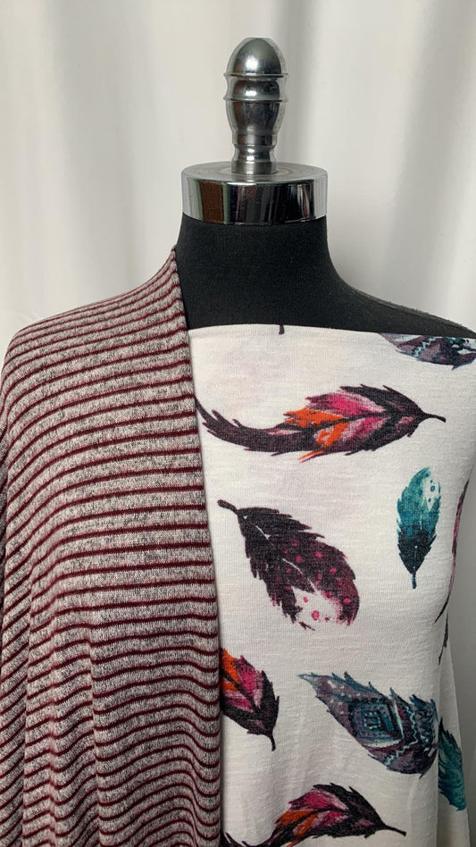 FEATHERS/STRIPE BUNDLE : 2YD Feathers Hacci SK & 2YD Grey/Burgundy Stripe Brushed Hacci SK : A2097