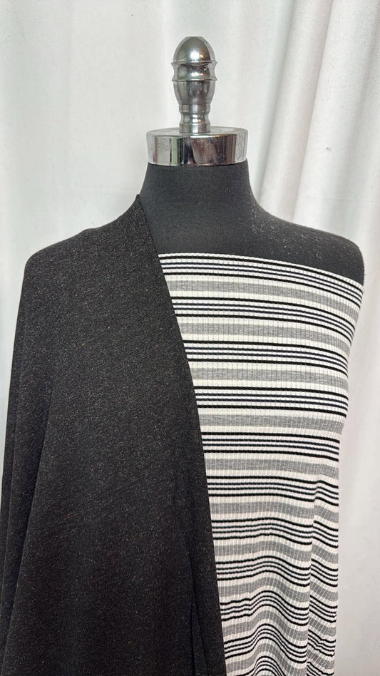 HEATHER BLACK/STRIPE RIB BUNDLE : 2.5YD Stripe R/S Rib & 2YD Heather Black w/Flecks C/S FT : A31026