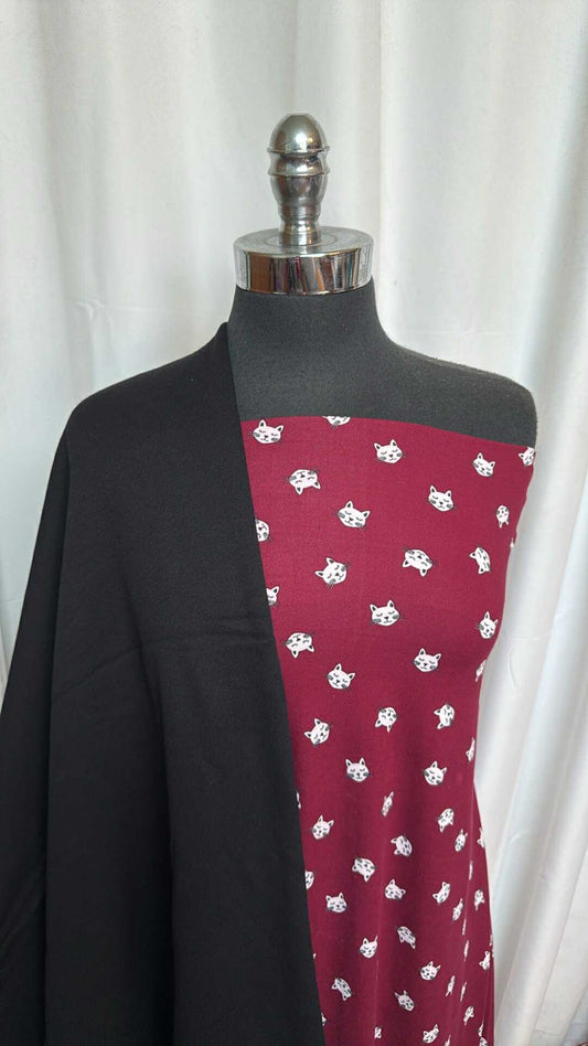 BLACK/BURGUNDY CATS BUNDLE : 1YD Burgundy Cats DBP & 1.5YD Black Sweatshirt Fleece (72" Wide) : A28614