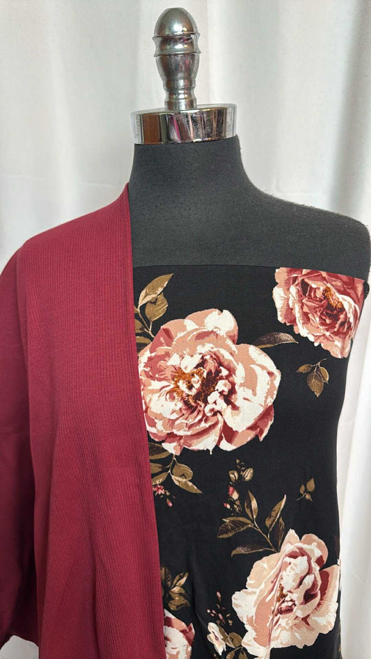 BURGUNDY RIB/BLACK FLORAL BUNDLE : 2YD Black Floral DBP & 2YD Burgundy Heavy C/S Rib : A28716