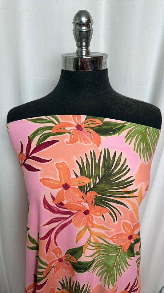 Pink Tropical Floral - Designer Nylon/Spandex Swim - 1 Yard Cut