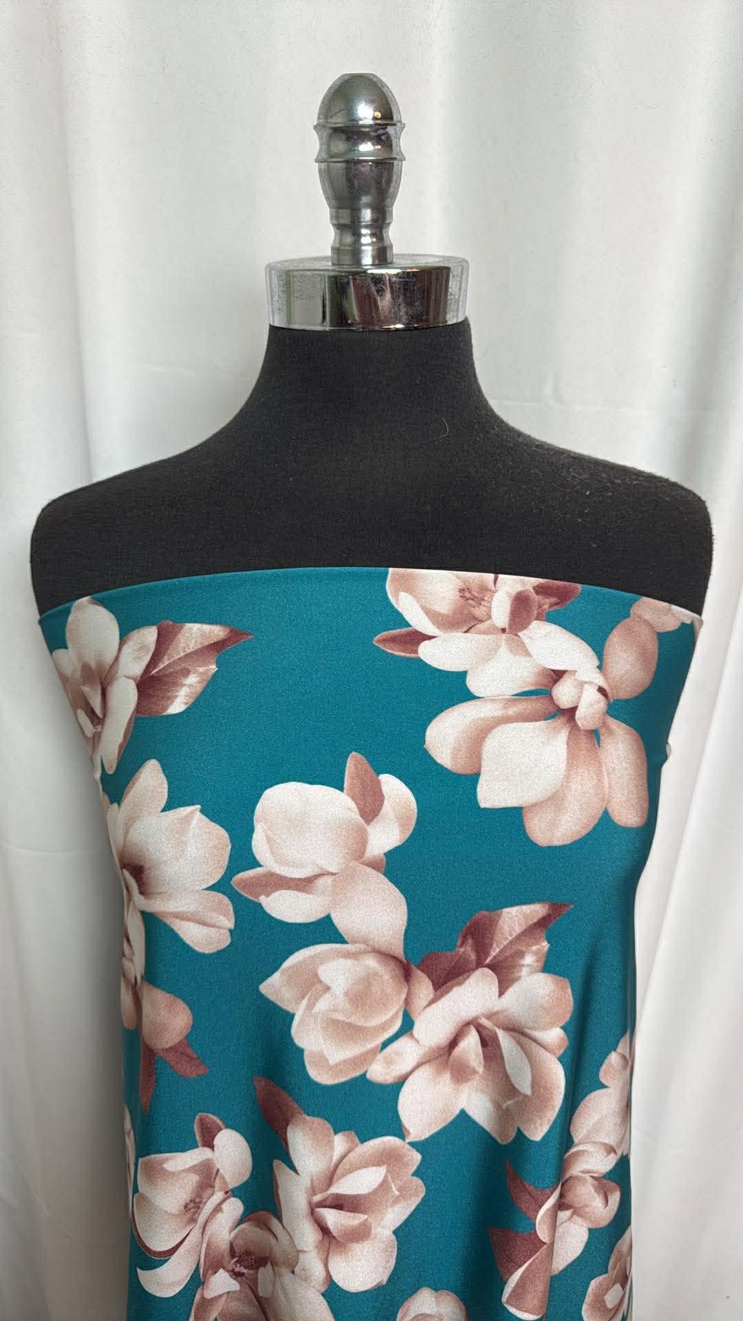 Ivory/Teal Floral - Designer Nylon/Spandex Swim - 1.5 Yard Cut