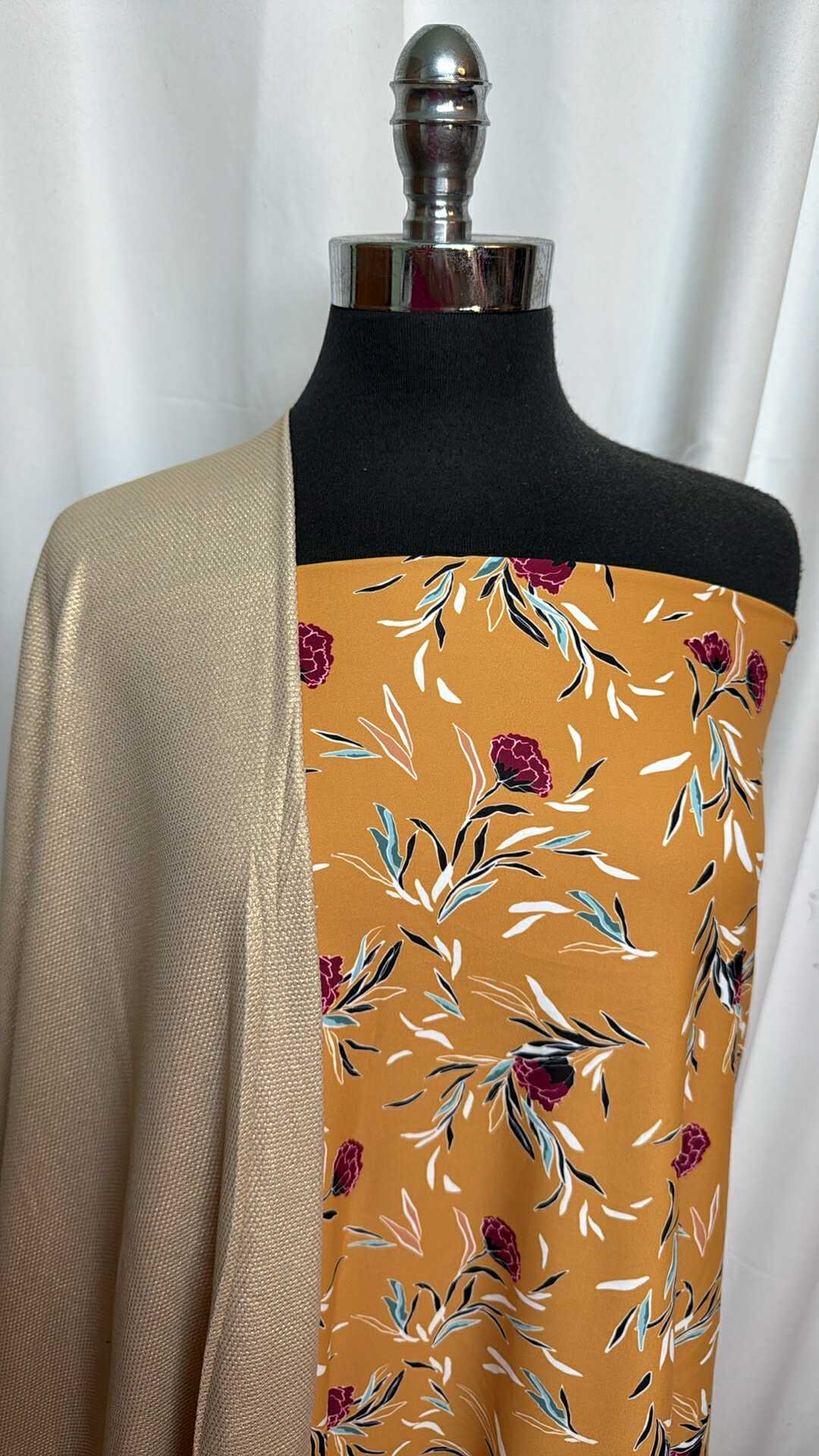 CHAMPAGNE FOIL/MUSTARD FLORAL BUNDLE : 2YD Champagne Foil Textured Top-Weight PF & 2YD Mustard Floral Yoga PF : A27584
