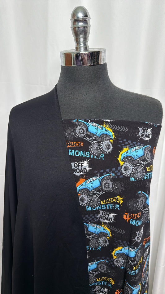 BLACK/BLUE MONSTER TRUCK BUNDLE : 2YD Black PF FT & 1+YD Blue Monster Trucks on Black C/S : A27054