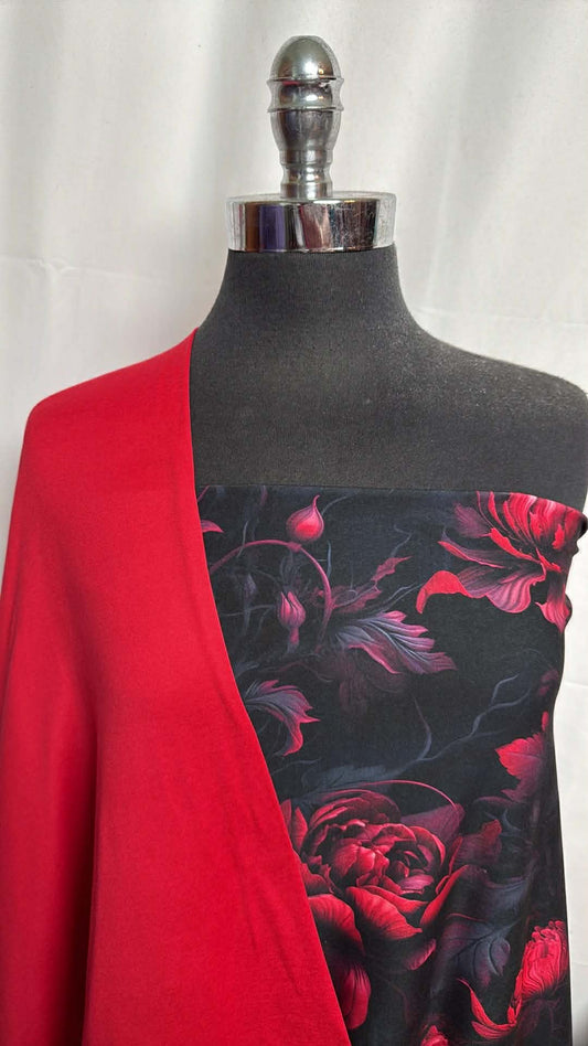 RED/BLACK FLORAL BUNDLE : 1.5YD Red Featherweight PF & 1+YD Red/Black Floral Single-Brushed PF : A29740