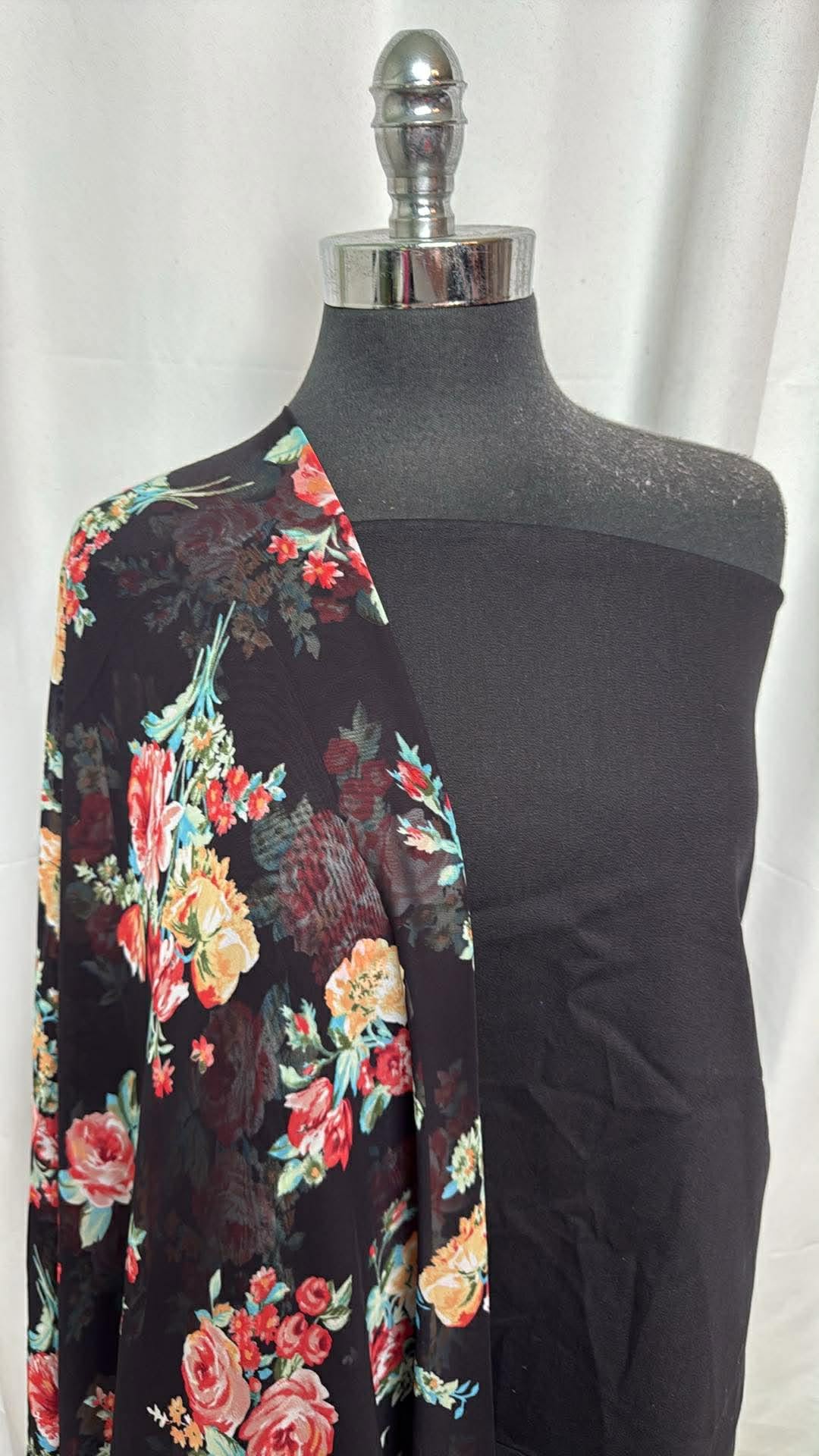 BLACK/FLORAL CHIFFON BUNDLE : 2YD Black Stretch Twill & 2YD Black Floral Chiffon : A30547