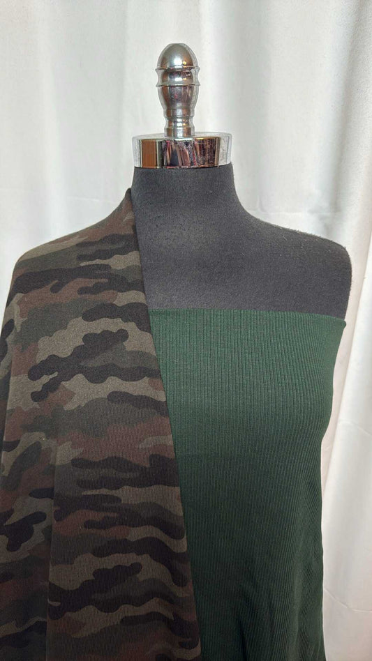 HUNTER/CAMO BUNDLE : 2.5YD Camo Sweatshirt Fleece (72" Wide) & 2YD Hunter Heavy C/S Rib : A28747