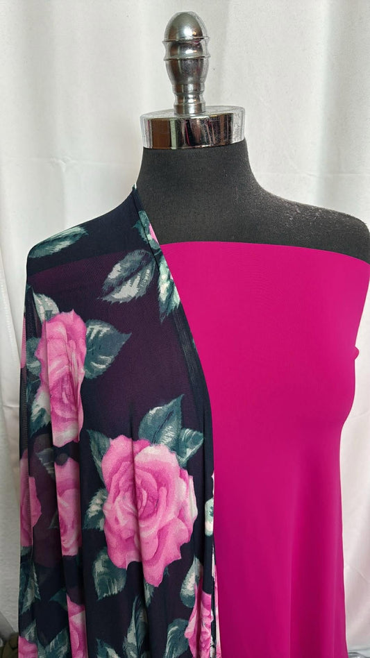 MAGENTA/NAVY FLORAL MESH BUNDLE : 1YD Magenta N/S Swim & 2YD Navy Floral Stretch Mesh : A30006