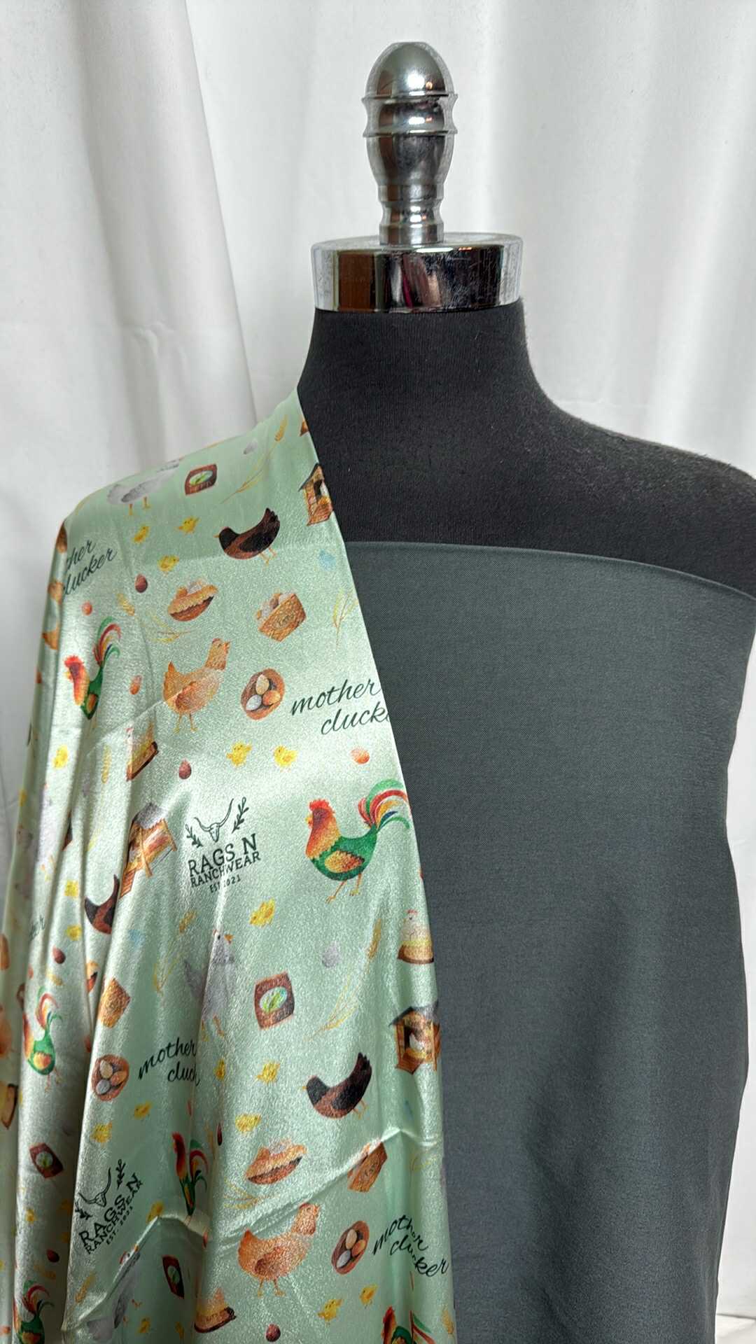 CHARCOAL/MOTHER CLUCKER BUNDLE : 2YD Charcoal Stretch Twill & 1+YD Mother Clucker Poly Satin : A29156