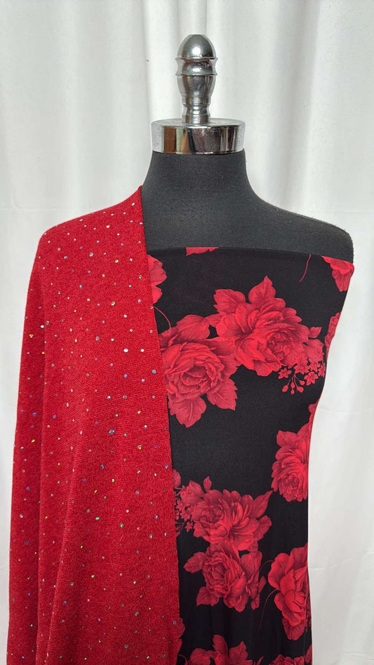 RED FOIL/ROSES BUNDLE : 3YD Red Foil Dot Hacci SK & 1YD Roses ITY : A26802