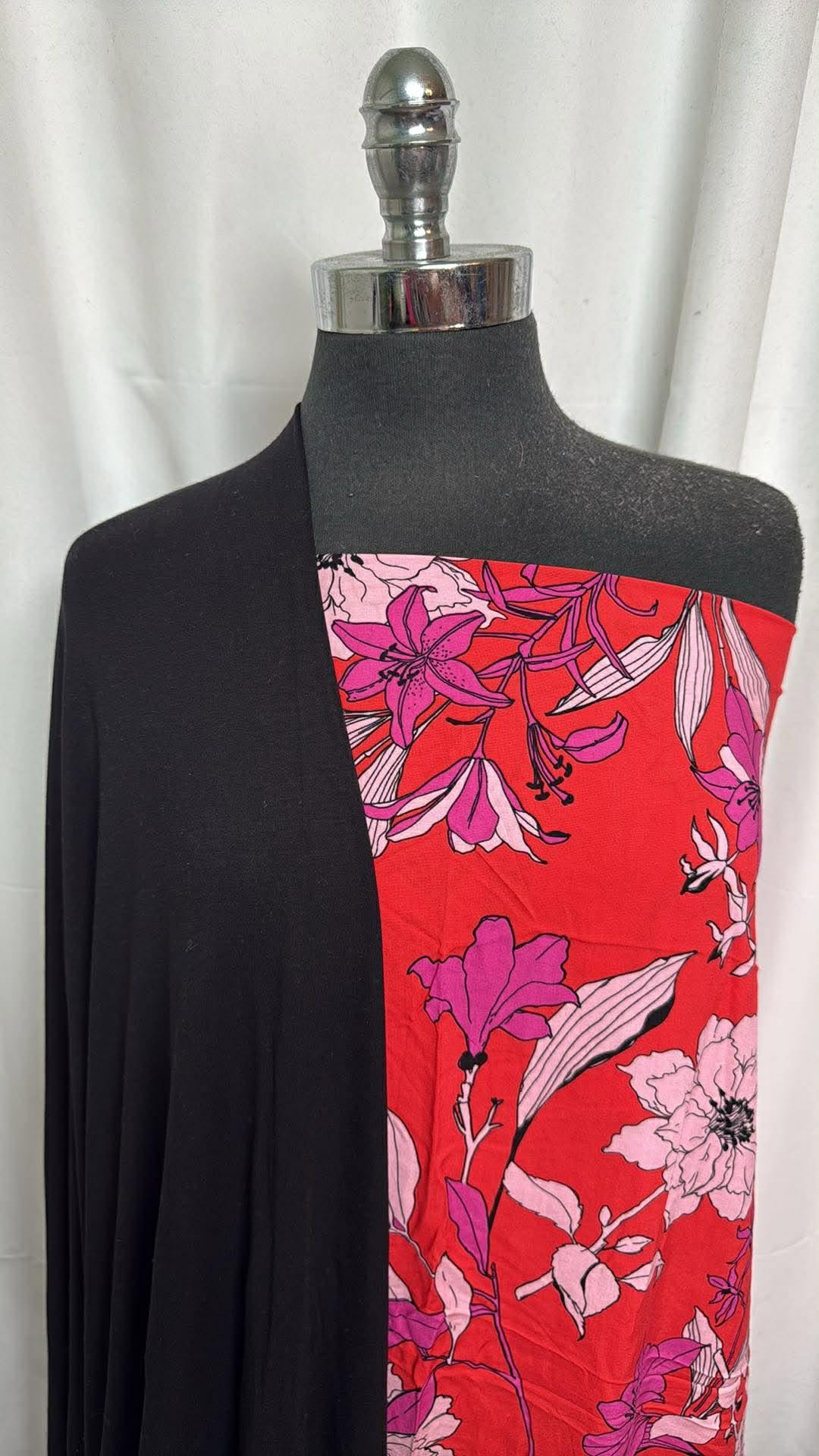 BLACK/RED FLORAL BUNDLE : 3YD Red Floral Rayon Challis & 3YD Black Modal Ponte : A30445
