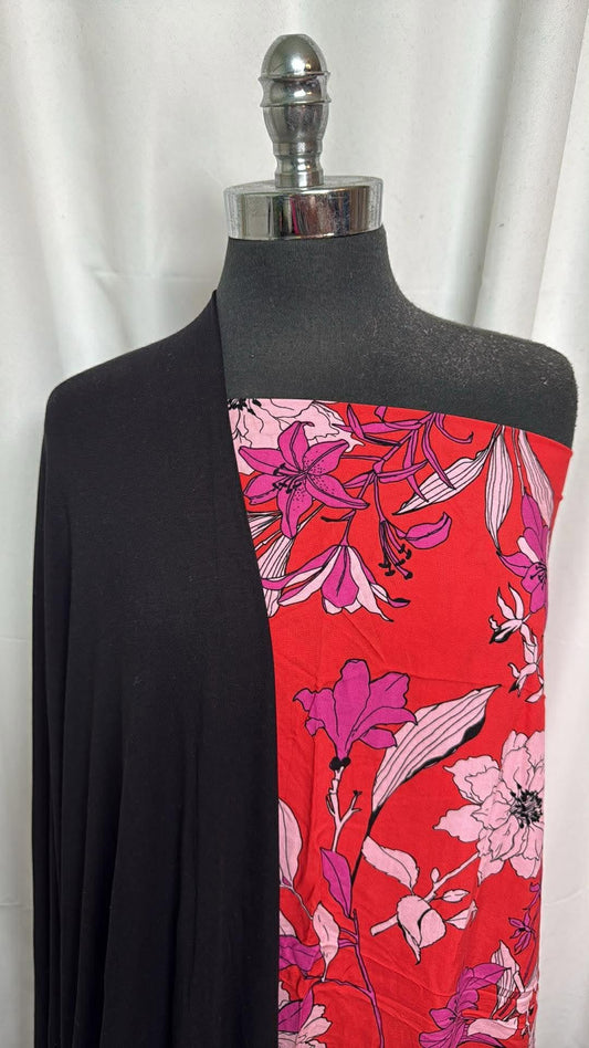 BLACK/RED FLORAL BUNDLE : 3YD Red Floral Rayon Challis & 3YD Black Modal Ponte : A30445