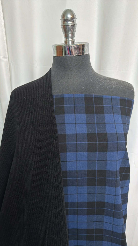 BLACK/BLUE PLAID BUNDLE : 2YD Blue/Black Plaid Shirting & 2YD Black SK w/Velvet Rib : A29417