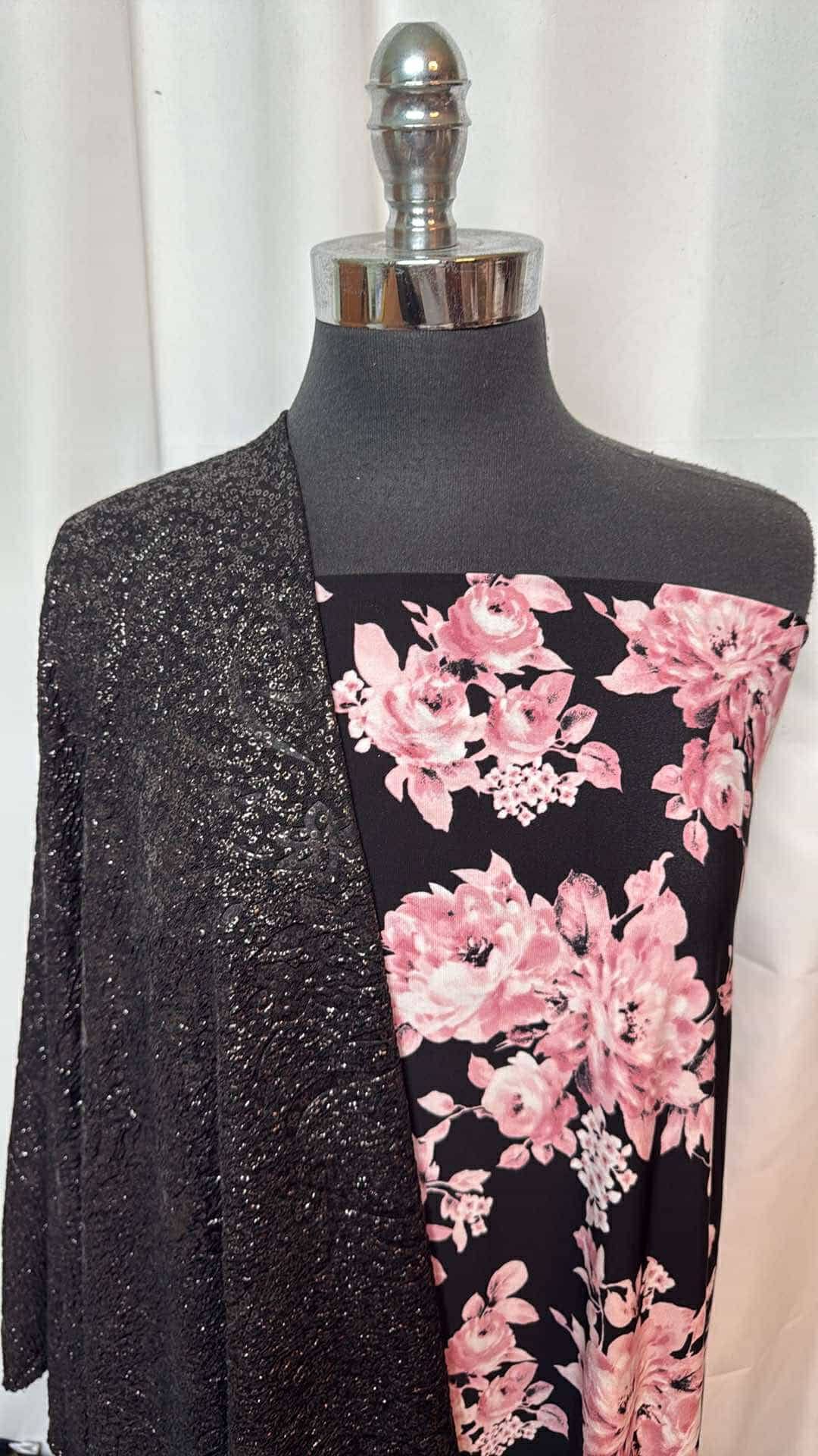 EMBOSSED BLACK/PINK FLORAL BUNDLE : 2YD Black Embossed P/S w/Foil & 1YD Pink Floral ITY : A26922