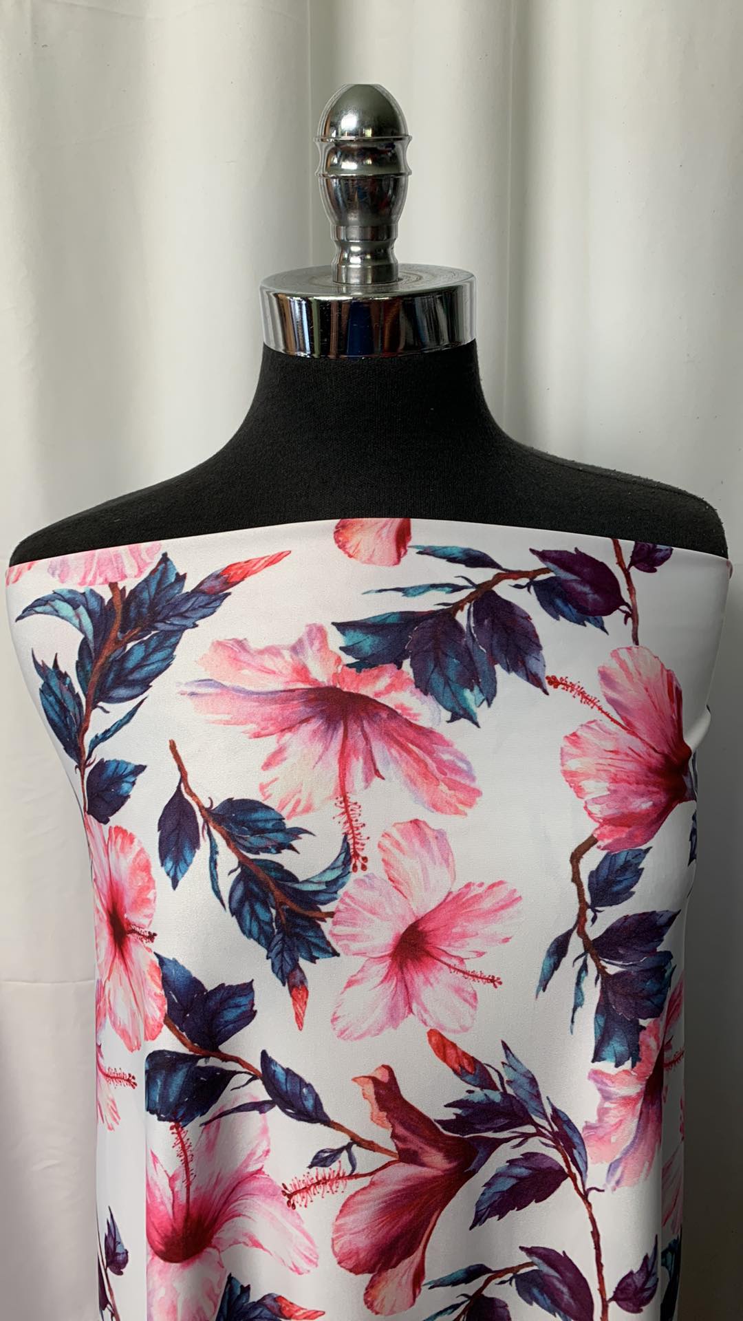 Pink Hibiscus on Ivory - Nylon Spandex - 2 Yard Cut