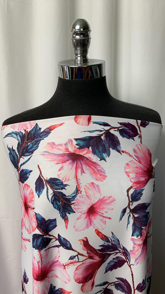 Pink Hibiscus on Ivory - Nylon Spandex - 2 Yard Cut