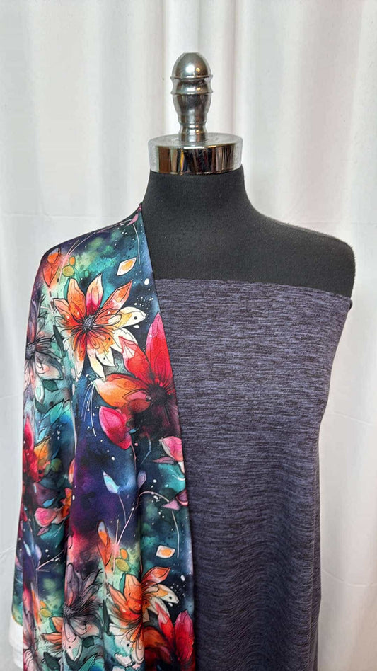 BLUE-BLACK/WATERCOLOR FLORAL BUNDLE : 1YD Bright Watercolor Floral Sport Fleece & 2YD Blue/Black Mid-Weight Peached PF : A26971