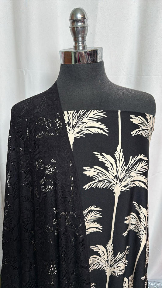BLACK LACE/TREES BUNDLE : 2YD Horizontal Trees N/S Swim & 2YD Black Stretch Lace : A29976
