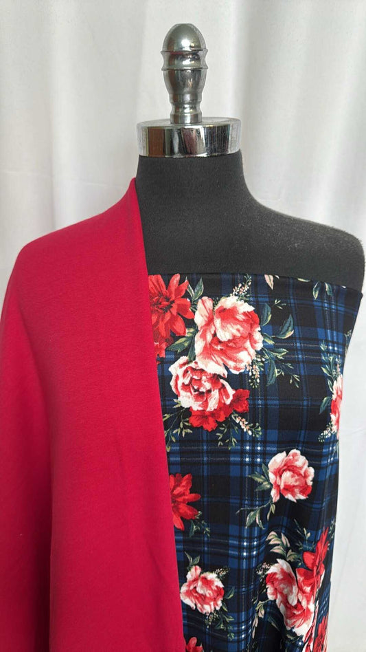 RED PLUSH/PLAID FLORAL BUNDLE : 1YD Red SuperPlush & 2YD Navy Plaid/Floral Scuba : A29283