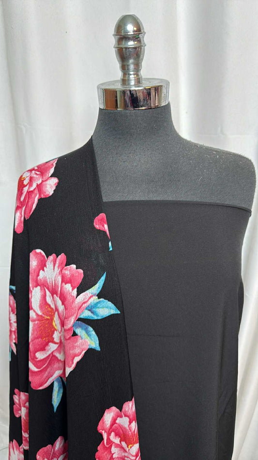 BLACK/PINK FLORAL BUNDLE : 2YD Black/Pink Floral Crinkle Poly Woven & 2YD Black Microfiber Stretch Woven : A28302
