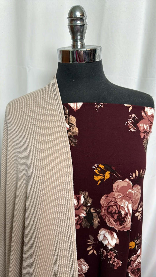 TAUPE/BURGUNDY FLORAL BUNDLE : 1+YD Burgundy Floral DBP & 2YD Taupe Urban Rib : A29699