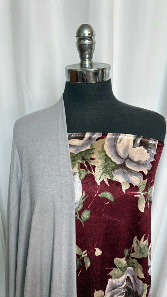 SILVER/BURGUNDY VELVET BUNDLE : 3YD Burgundy Floral Stretch Velvet & 2YD Silver Bamboo : A28616