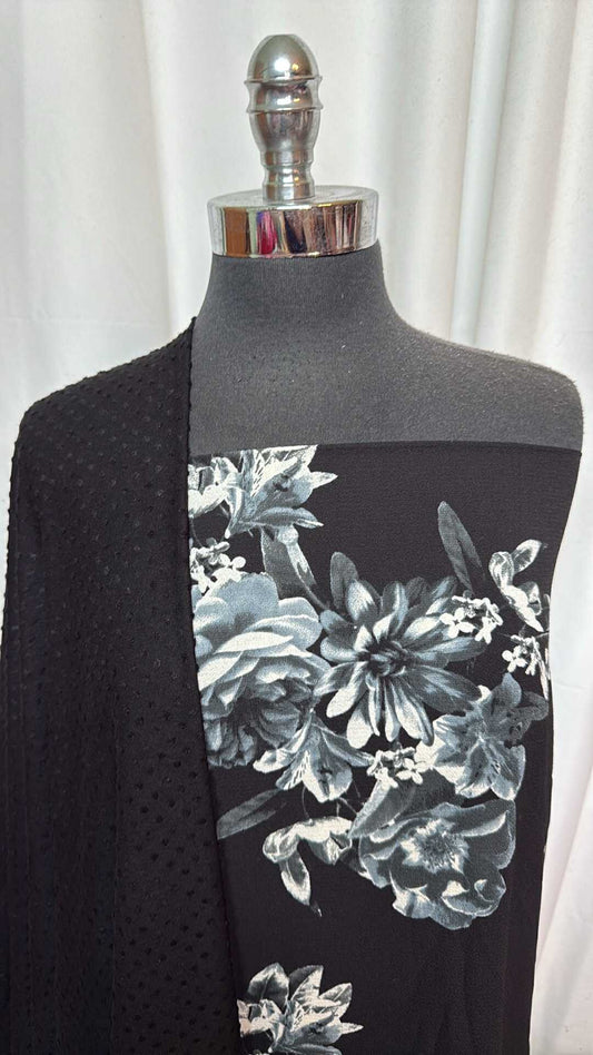 BLACK SWISS DOT/FLORAL BUNDLE : 2YD Black Floral Bubble Crepe & 2YD Black Knit Swiss Dot : A27712