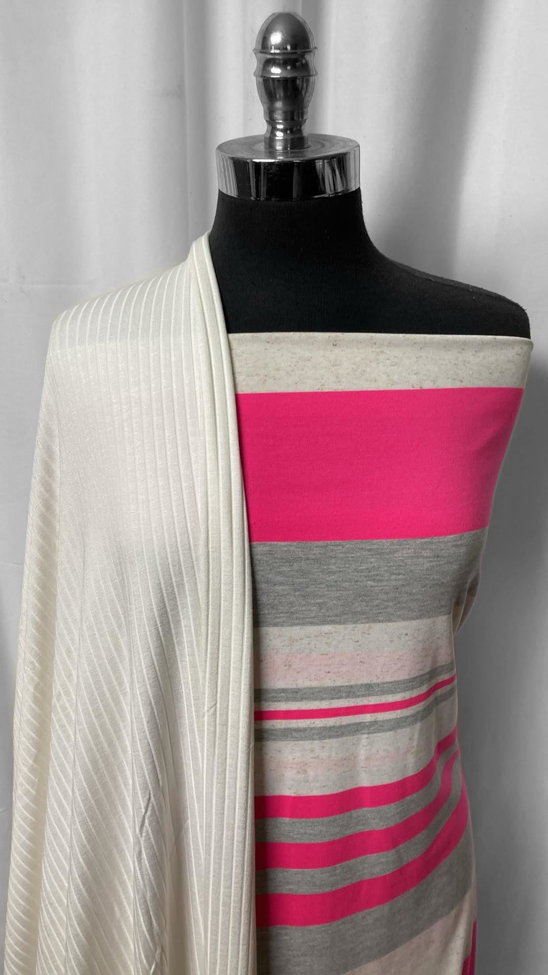 PINK/GREY STRIPE BUNDLE : 2YD Ivory Rib R/S & 2YD Pink/Grey Stripe Linen/Poly/Rayon : A25122