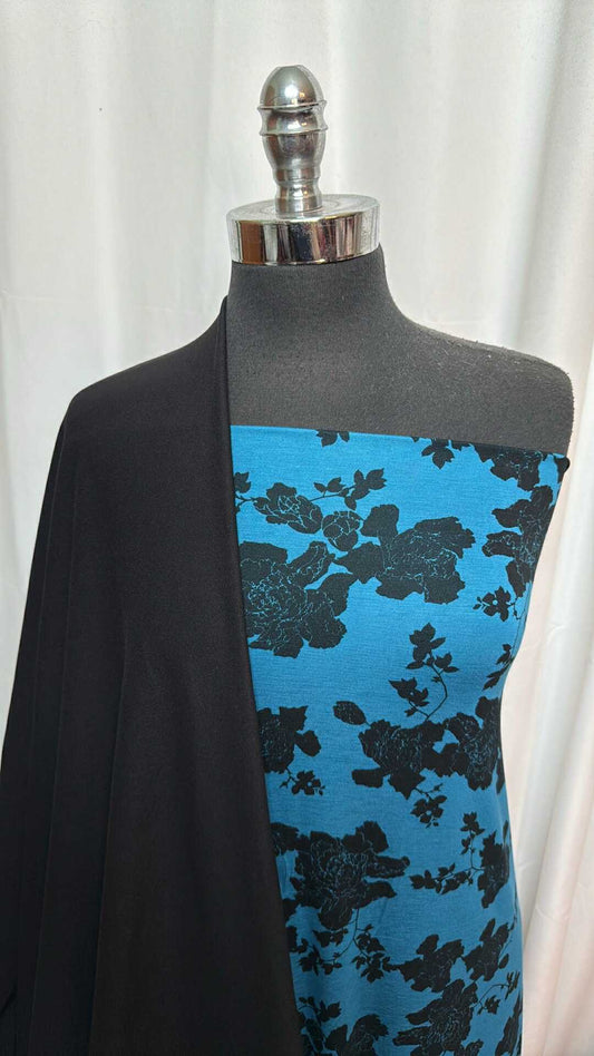 BLACK/BLUE FLORAL BUNDLE : 2YD Blue Floral Bamboo & 2YD Black Single-Brushed PF (420 GSM) : A28001