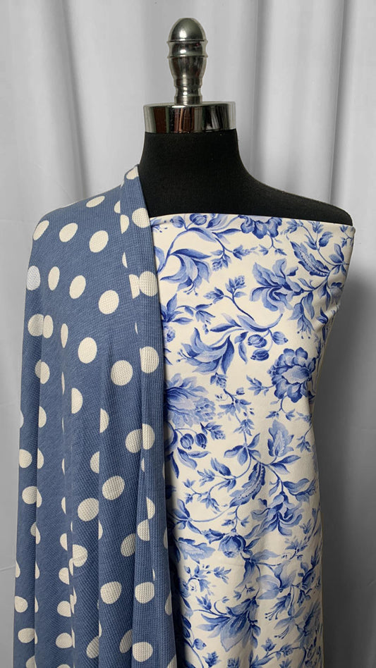 BLUE FLORAL/DOT BUNDLE : 1YD Ivory/Blue Floral Crepe Scuba & 2YD Denim Dot Thermal : A2420