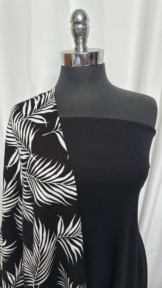BLACK/IVORY LEAVES BUNDLE : 1+YD Black/Ivory Leaves Poly/Rayon Stretch Woven & 1YD Black Combed Cotton 1x1 Rib : A27410