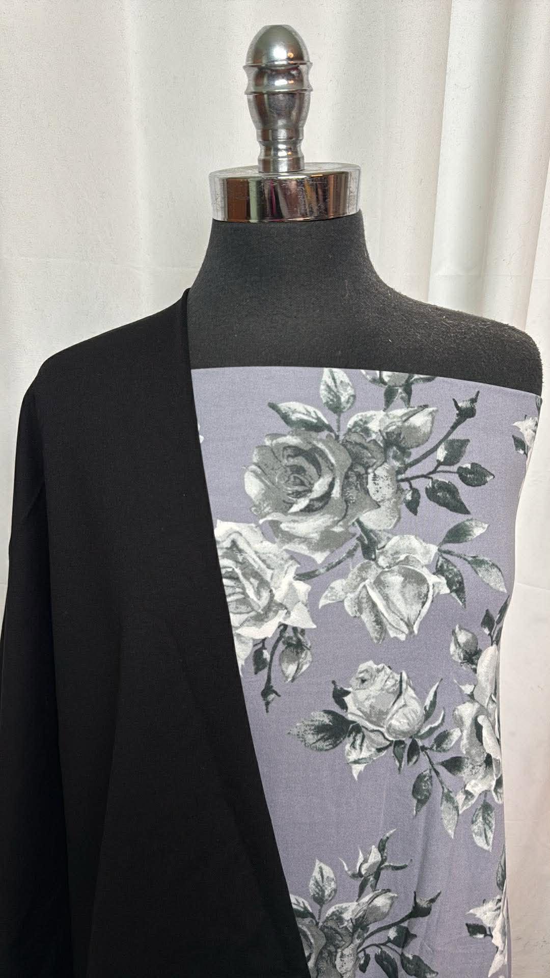 BLACK/LAVENDER-GREY FLORAL BUNDLE : 2YD Lavender/Grey Floral DBP & 1.5YD Black Nylon Ponte : A30092