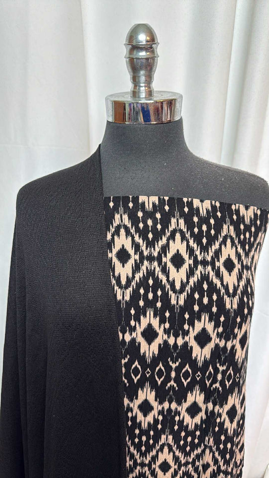 BLACK/TAUPE GEO BUNDLE : 2YD Black/Taupe Geo Crinkle Rayon Woven & 2YD Black Light-Gauge Textured SK : A27760